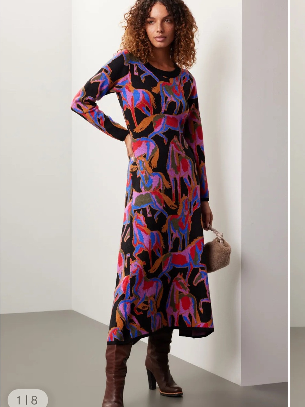 FARM Rio Black Abstract Horse Print Knit Long Sleeve Dress Med NWT